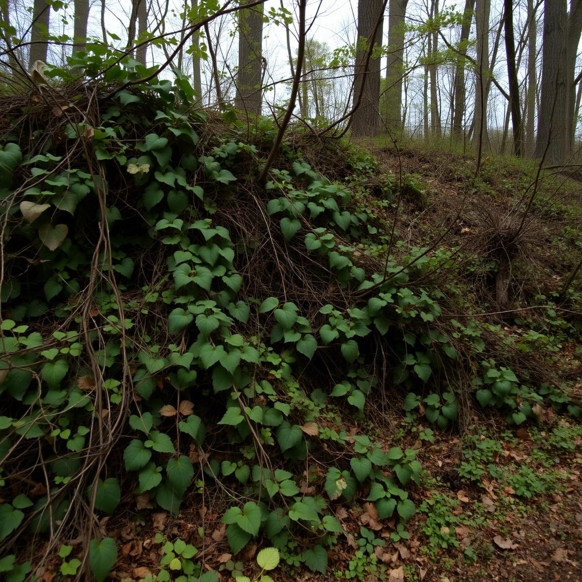 Hardwood edge choked with invasive vines and brush